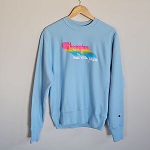 Champion Reverse Weave Sweatshirt Small Light Blue Pastel Shadow Script Logo